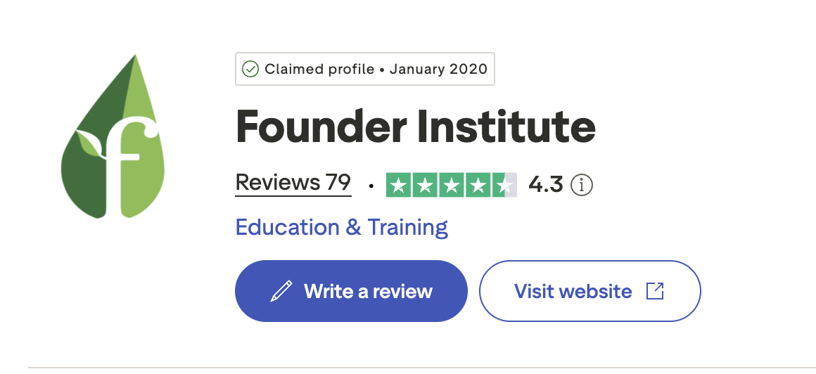 Founder Institute Trustpilot profile rated 4.3 out of 5